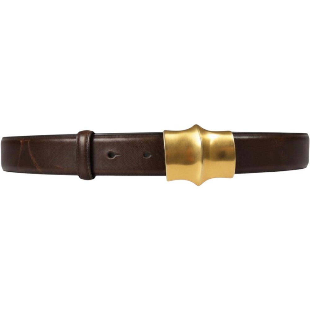 Devecchi Brown Leather Belt Gold Tone Sculptural Buckle Made in Italy Small